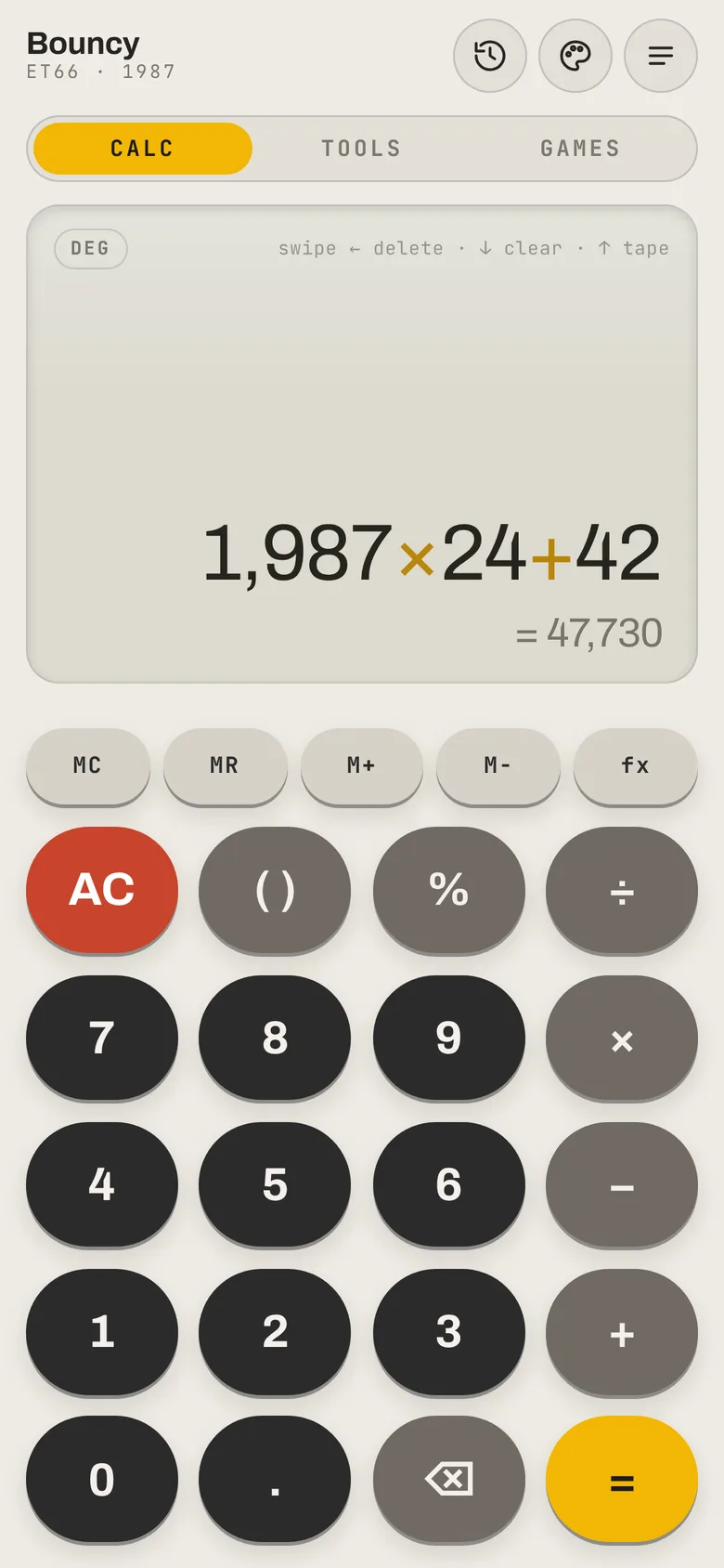 Bouncy Calculator in its desk-calculator theme, showing 1,987 × 24 + 42 = 47,730.